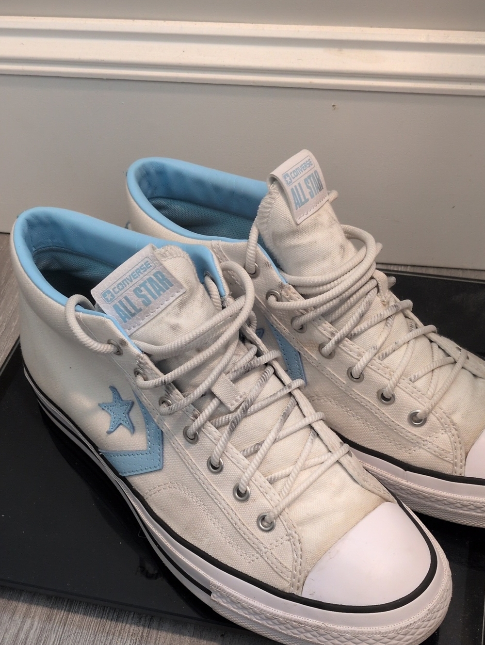 Converse White Mid Tops with Light Blue Accents